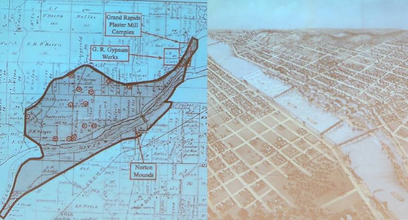 Left: An old map of West Michigan that included burial mounds. The Grand River Burial Mounds &#8212; commonly referred to as the Norton Mounds &#8212; are one of the few mound groups still standing across the Midwest and one of the best-preserved sites of Hopewell Indian culture.  Right: An aerial drawing of Grand Rapids while it was being developed along the Grand River.